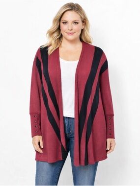 Alfani Open Front Cardigan Burgundy Black Stripe Lightweight Drape Top Large